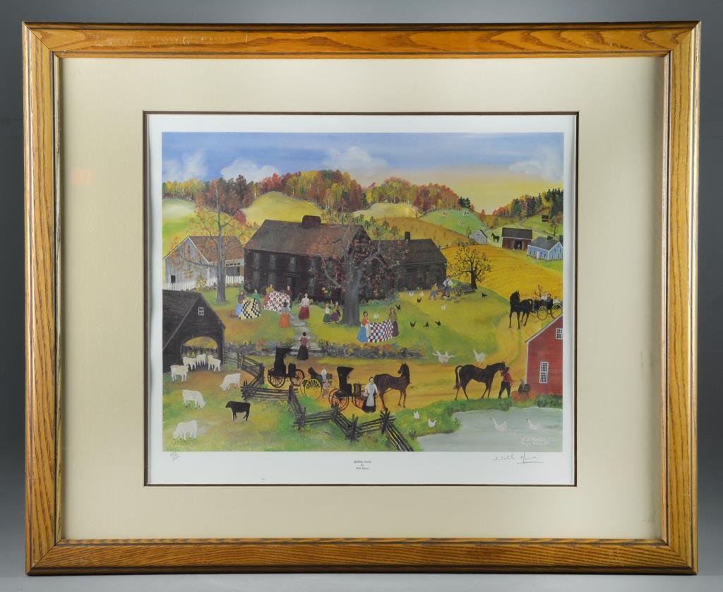 Willian Moses Pencil Signed Print: Titled "Quilting Social" depicting a lush Autumn landscape with horses, farm animals and figures quilting, pencil signed lower right Will Moses. Will Moses (b. 1940) is an American artist known for il