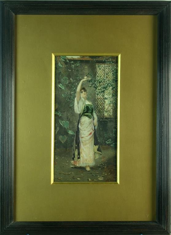 An Antique Hand Colored Lithograph: A finely rendered lithograph depicting a gypsy woman with roses, apparently unsigned, attractively framed and matted behind glass, measures 14.25"H x 6.75"W sight, 26.6"H x 18.5"W framed, nicely matte