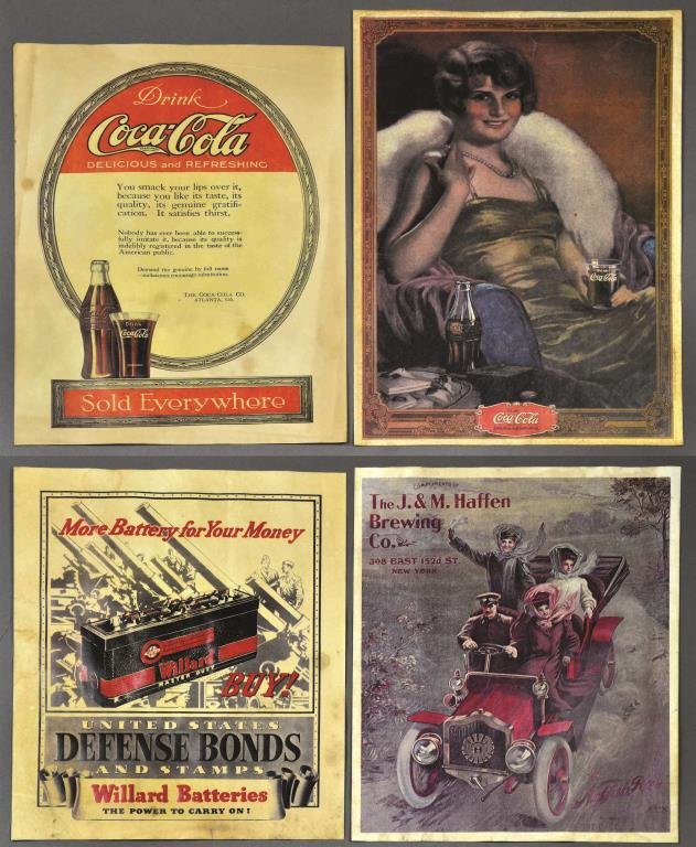 (4) Early 20th Century Ad Posters Coke, Beer, Battery: Four early 20th century original advertising posters to include: a circa 1920's poster of a seated lady Drink Coca Cola ad. 17" H x 11" W. With two small pinholes at the top, bend in top right corner,