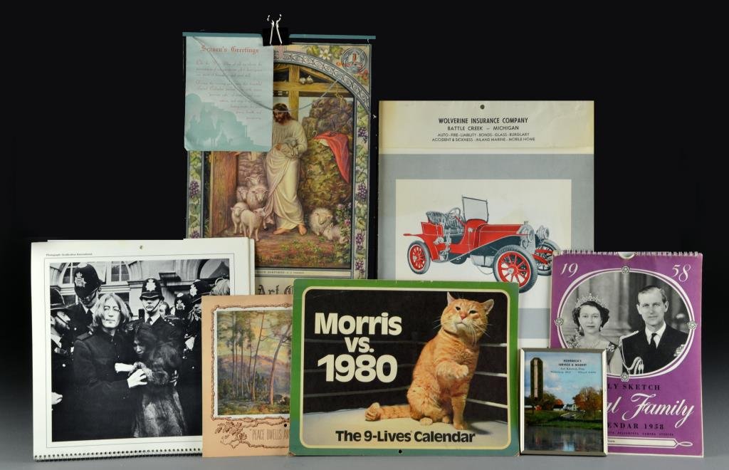 (12) 1906 To 1980 Calendars: Twelve 1906 to 1980 calendars including: a 1906 Canadian Pacific Railway Banff Hotel, (3) 1940 Sacred Art Calendars, 1950 Austin Laundry, 1951 "Peace Dwells Among The Hills," 1957 Wolverine Insurance 