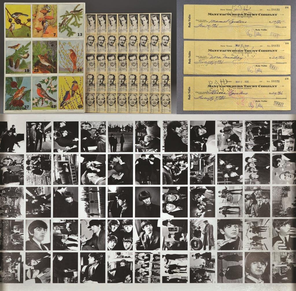 (6) Rudy Vallee Checks, Beetles, Actors & Bird Card: To include a circa 1930's to 1940's peerless vending uncut sheet of actors: Fredric March, Edmund Lowe, Cesar Romano, Jack Holt, & Gloria Stuart, who starred in the Titanic film, each actor is represe