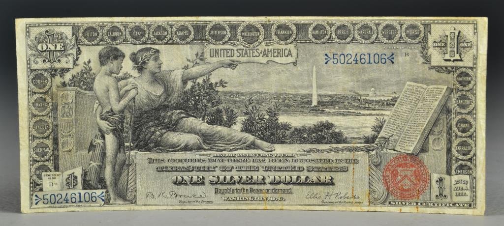 1896 $1 Silver Certificate Educational Bill: An 1896 Silver Certificate Educational bill, ungraded but appears to be in fine to fine plus condition.