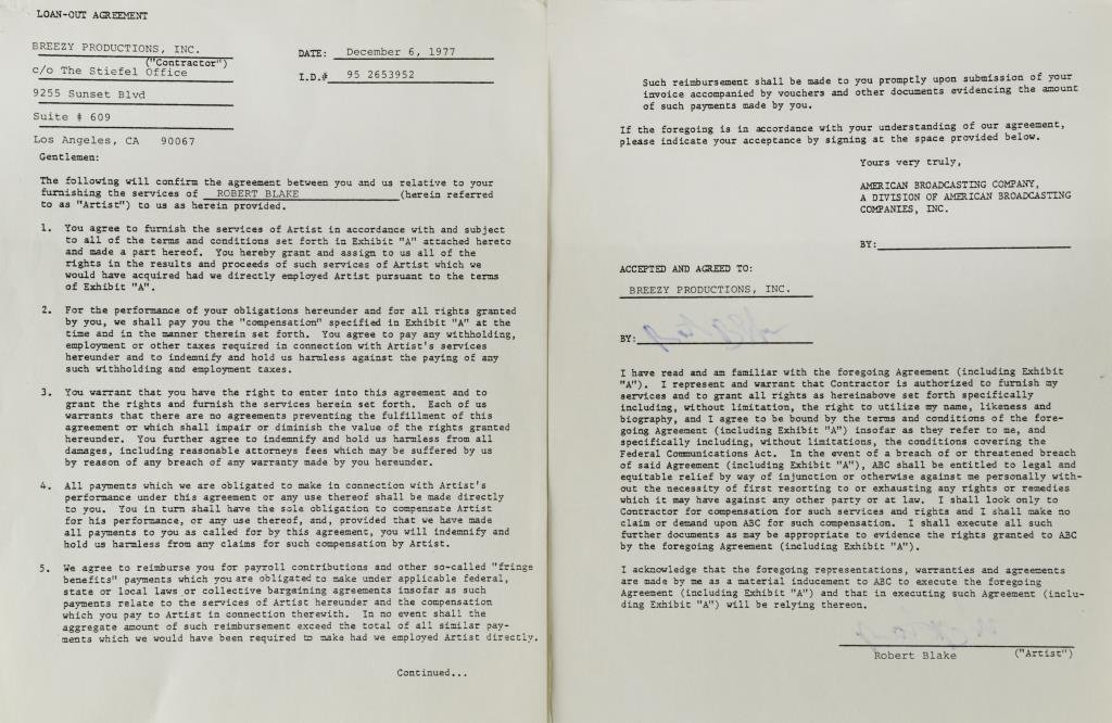 (3) Signed Contracts Ethel Merman, O.Preminger, R.: To include three signed Hollywood contracts: A 1967 Ethel Merman, with COA by R.R. Auction. A 1970 Otto Preminger, with COA by Rock Legends. A 1977 Robert Blake, without a COA.