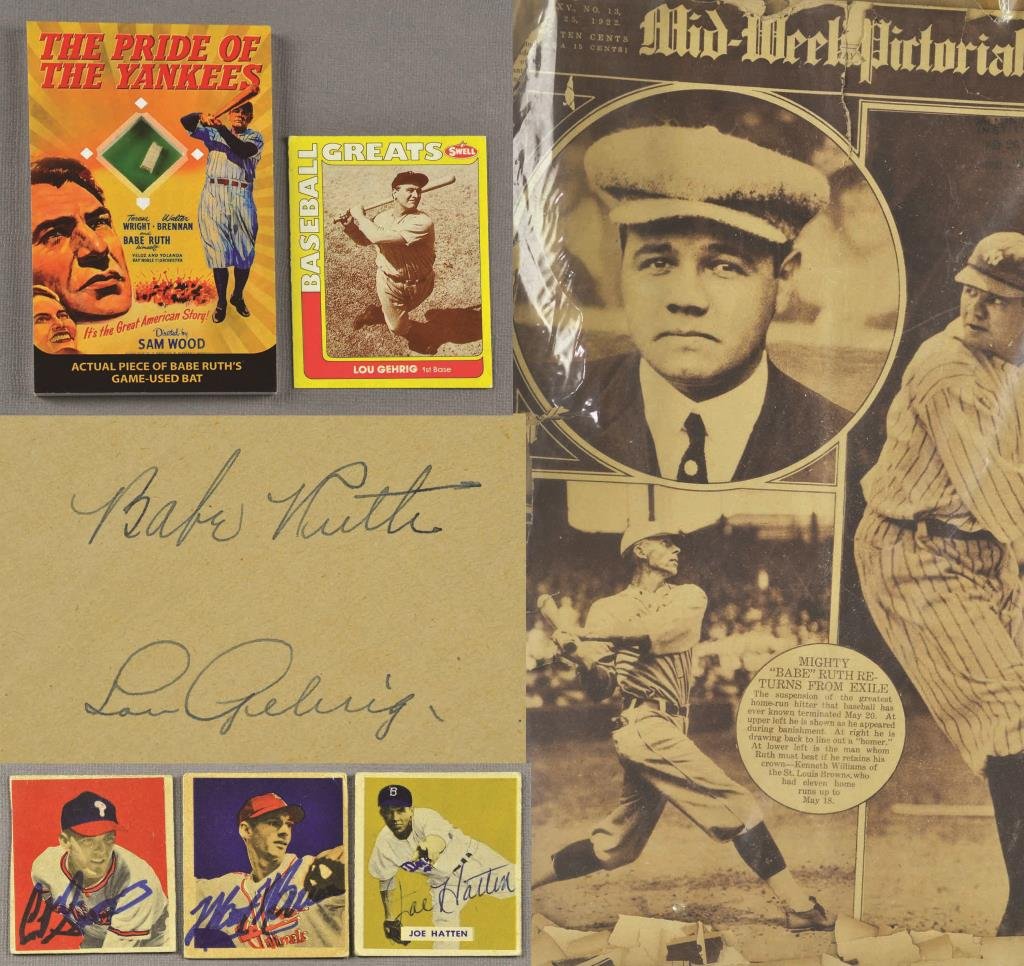 (9) Babe Ruth,Lou Gehrig, Billy Herman, R. York, Signed: To include a paper signed in faded blue ink of Babe Ruth & Lou Gehrig, 3.5" H x 5.5" W. A circa 1940, 5.75" H x 3.5" notebook with 22 signatures of MLB players including: Billy Herman,& other Chicago