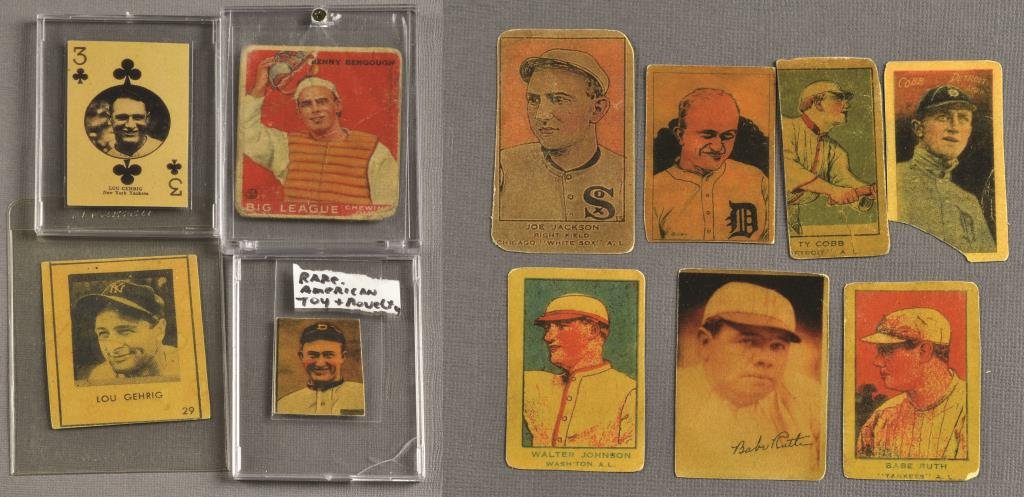 (11) Pre WW2 Novelty Baseball Cards Cobb, Ruth, Gehrig: Eleven pre World War Two baseball cards to include: 4 Ty Cobb, 2 Lou Gehrig, 2 Babe Ruth, one each of Joe Jackson, Walter Johnson, & Benny Bengough, 1933, 1# Goudey Gum card. Conditions of cards vary.