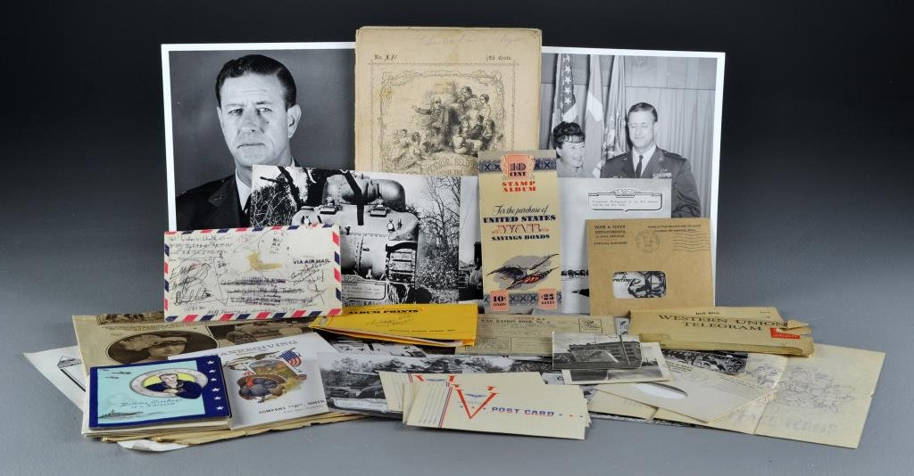 (30+) World War 2 & Other Military Ephemera: Thirty seven World War Two, and other military ephemera including: a 1944 letter from one soldier to another inquiring about a sustained injury & whether he heard about another soldier who was MIA, Co