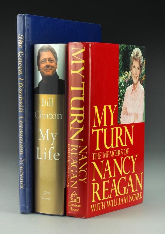 (3) N. Reagan Signed, My Life Bill Clinton, Elizabeth R: To include My Turn, by Nancy Reagan, signed by Nancy Reagan, with a typed note to Frank D. Stella, from Frederick J. Ryan Jr., Ronald Reagan Chief of Staff, also a note from Frank D. Stella, advisor t