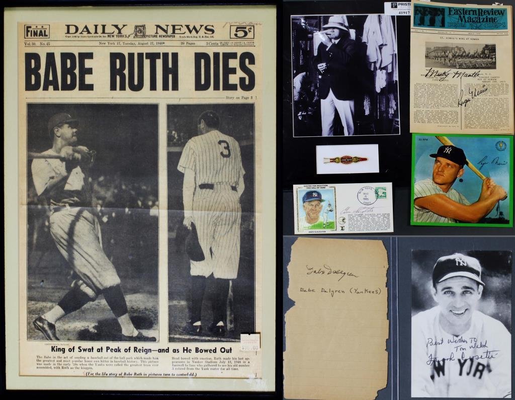 (9) Signed New York Yankees & Memoribilia: Nine New York Yankees memoribilia including, a Aug. 17, 1948 "Babe Ruth Dies" New York Daily News framed headline, Babe Dahlgren signed notepad piece of paper, Allen Gettel signed index card, Enos Sla