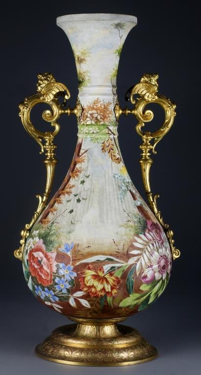 A Fine Royal Bonn Gilt Bronze Mounted Tapestry Vase: A large 7 fine Royal Bonn? Tapestry vase, having wonderful bronze dore winged lady handles raised on gilt bronze base decorated with floral and scroll, 26.5"H, circa early 20th century.