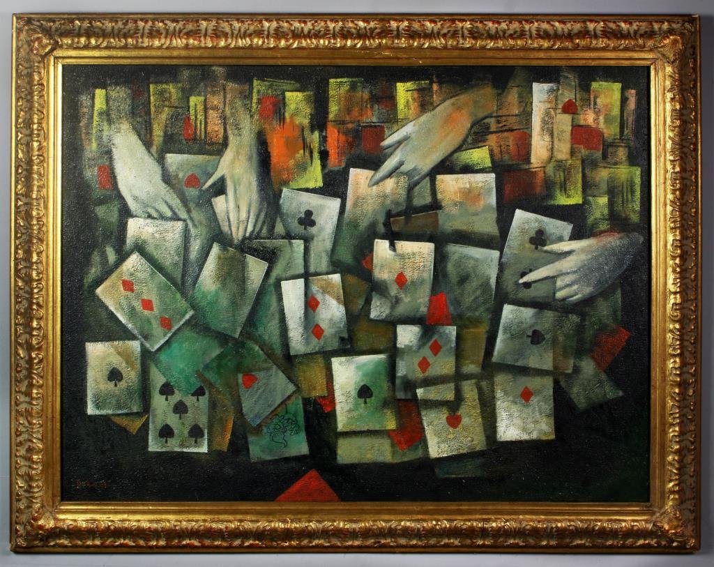 Attr. Mordecai Ardon Oil Painting on Canvas: Painted to depict hands and playing cards, signed and dated 1963 to lower left, attributed to Mordecai Ardon (1896-1992), an Israeli and Polish painter who studied under Klee and Kandinsky, with furth