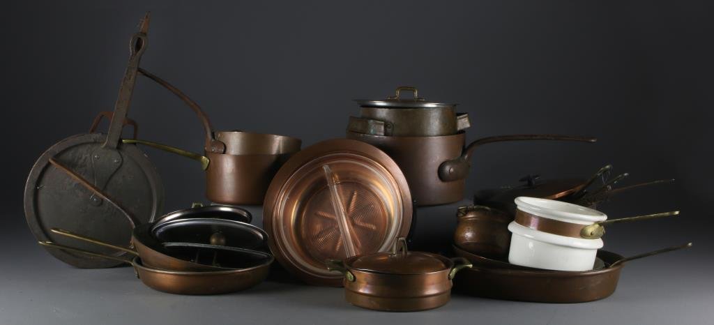 (25) Antique Copper Fry Pans and Sauce Pans Etc.: Of various styles and makers some pans signed, some having associated lids, a very nice grouping, largest measures approximately 20" L, circa late 19th-early 20th century.
