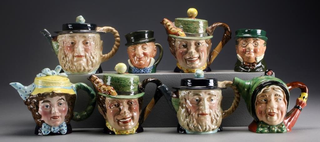(6) Beswick Figural Teapots & Two Toby Mugs: To include six Beswick figural teapots and two small Royal Doulton Toby Mugs, largest measures 6.5"H.Property from Ethel Miller Siegel Trust, Bloomfield Hills, Michigan.