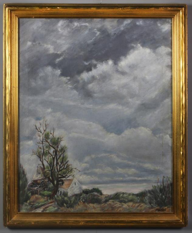 Signed American School Oil Painting on Canvas: Depicting houses in a landscape beneath a stormy sky, signed lower right "Marin(?)", mounted in period gilt frame, measures 22"H x 28"W sight, 25.5"H x 31.5"W framed, circa early 20th century. Conditi