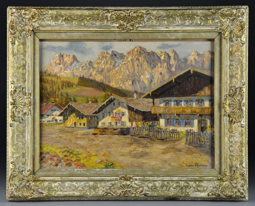 Hans Figura Oil Painting on Canvas: Depicting a European village with a mountain range backdrop, signed lower right, Hans Figura (1898-1978) was an Austrian/Hungarian artist known for his European landscape and cityscape scenes, measure