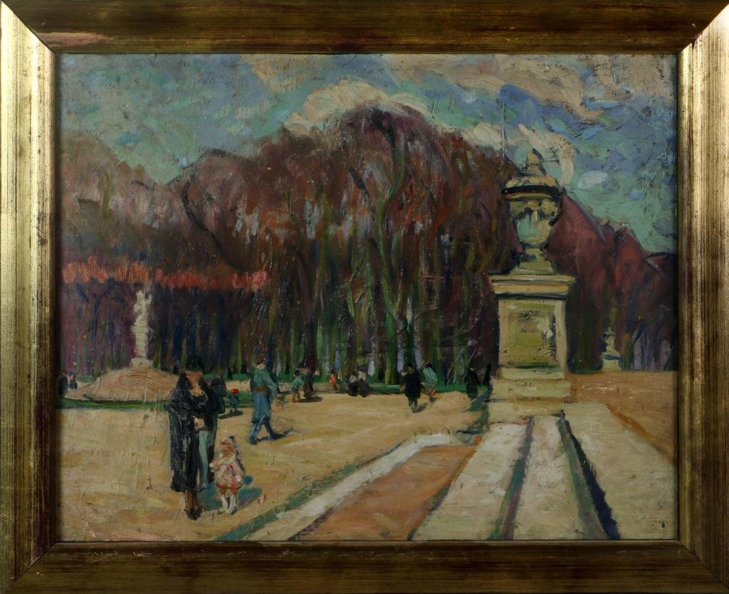 Attr. William Glackens Oil Painting on Board: Depicting figures in a European park, apparently unsigned, reverse inscribed "Luxembourg Gardens, painted by Glackens, given to me in 1939", attributed to William James Glackens (1870 - 1938) an Ameri