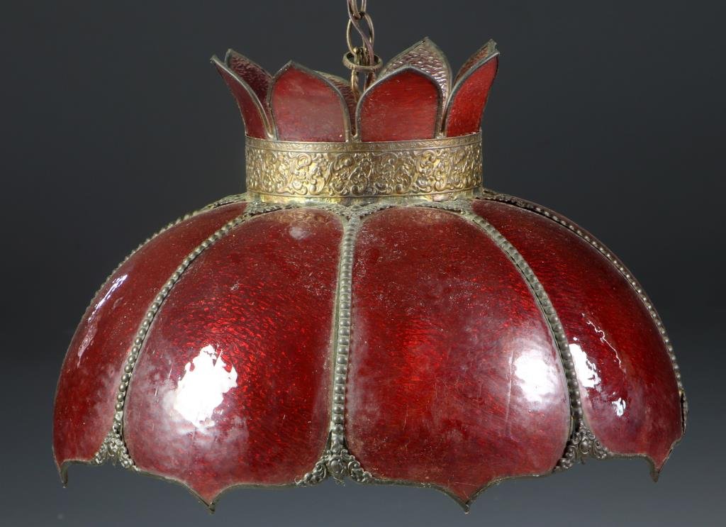 Antique Ruby Slag Glass Hanging Lamp: In tulip form with eight panels of slag glass to body, quality embossed and beaded castings, four heavily scrolled metal sockets to interior, ceiling mount marked "Made in Spain", lamp likely American