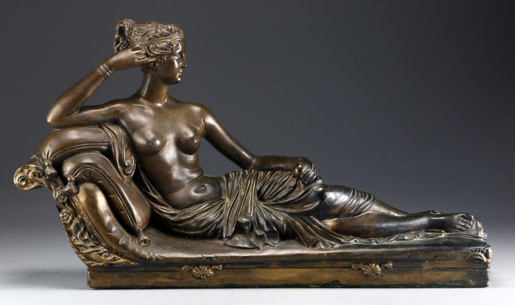 Pauline Borghese as Venus Victorious Chalkware: After Antonio Canova's Neoclassical sculpture depicting a posed Pauline Borghese as the goddess Venus, apparently unsigned, measures 14"H x 24"L, circa early-mid 20th century. Condition: minor surface