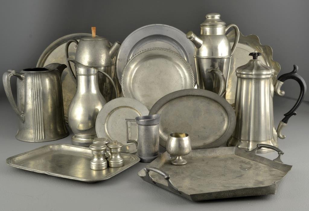(18) Pcs American & Continental Pewter: An assortment of pewter service items, marks include Reed & Barton, Concord, Federal and Stede among others, largest measures approximately 14.5"L, circa 20th century.