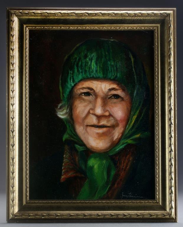 Joan Thompson Oil Painting on Canvas: Depicting the bust of a woman, signed lower right "Joan Thompson", measures 16"H x 12"W sight, 19.5"H x 15.5"W framed, circa 20th century. Property of a Lapeer, MI couple.