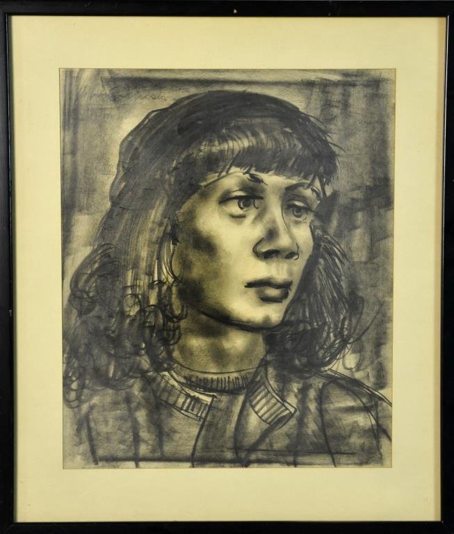 John Cornish Graphite Drawing on Paper: Depicting the portrait of a young women, signed upper left "John Cornish" (20th century) an American artist known for painting, measures 15"H x 12.25"W sight, 20"H x 17.25"W framed, circa 20th century