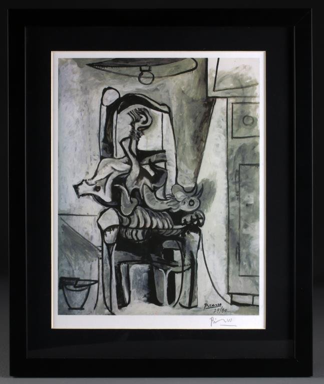 Hand Signed Picasso Print: Depicting a chicken tied and placed upright on a chair, edition 29/80, hand signed in pencil lower right, Picasso(1881-1973) was a Spanish & French artist known for cubist painting and printmaking, me