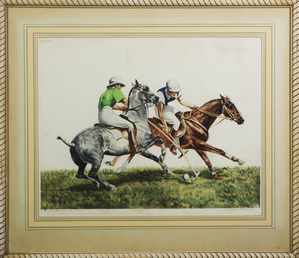 Louis Claude Polo Lithograph: Depicting two polo players, signed lower right margin "Louis Claude" and titled to lower left, measures 27.75"H x 31.75"W framed, circa 20th century.