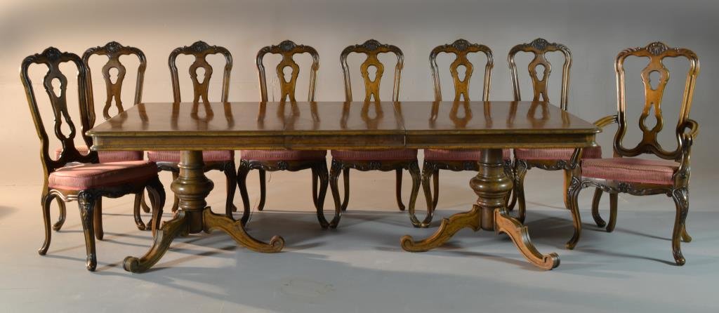 (12) Pc Chippendale Style Dining Set: To include a dining table with subtle diamond decoration to top, standing on two tripod legs with splayed scrolled feet, having three leaves, together with seven dining chairs and one arm chair, with