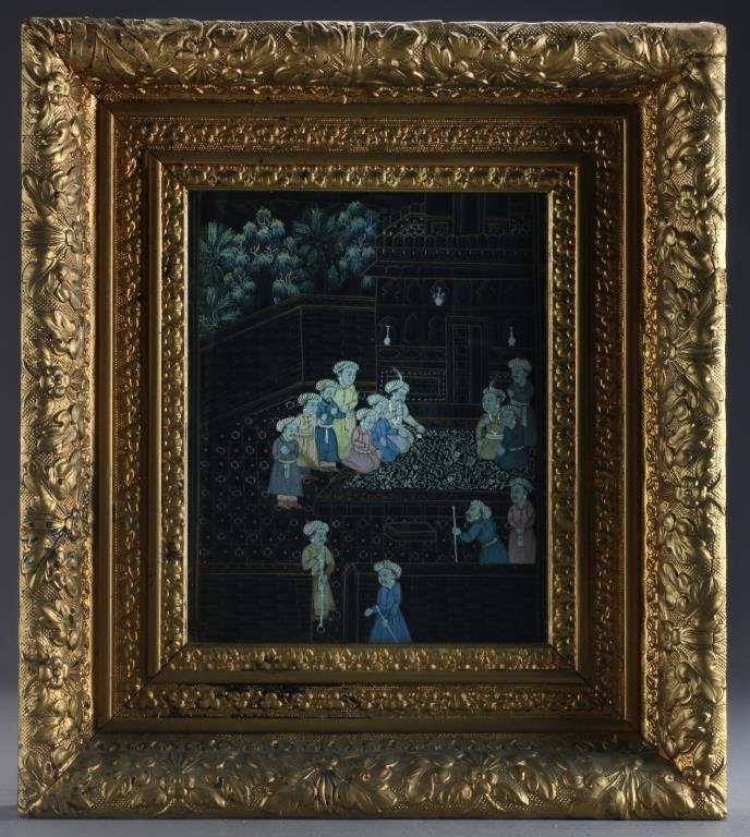 Miniature Mughal Painting on Silk: Depicting figures in an interior courtyard scene, housed in a beautiful gilt shadow box frame, measures 9.25"H x 7.25"W sight, 16"H x 14.25"W framed, circa late 19th-early 20th century. Property of a 