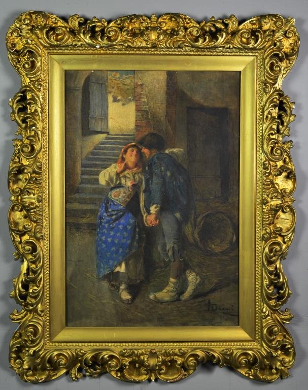 Augusto Daini Watercolor Painting on Paper: Depicting a peasant couple in a street scene, signed lower right, Augusto Daini (1860 - 1920) was an Italian artist known for his figure and genre paintings, mounted under glass with what appears to b