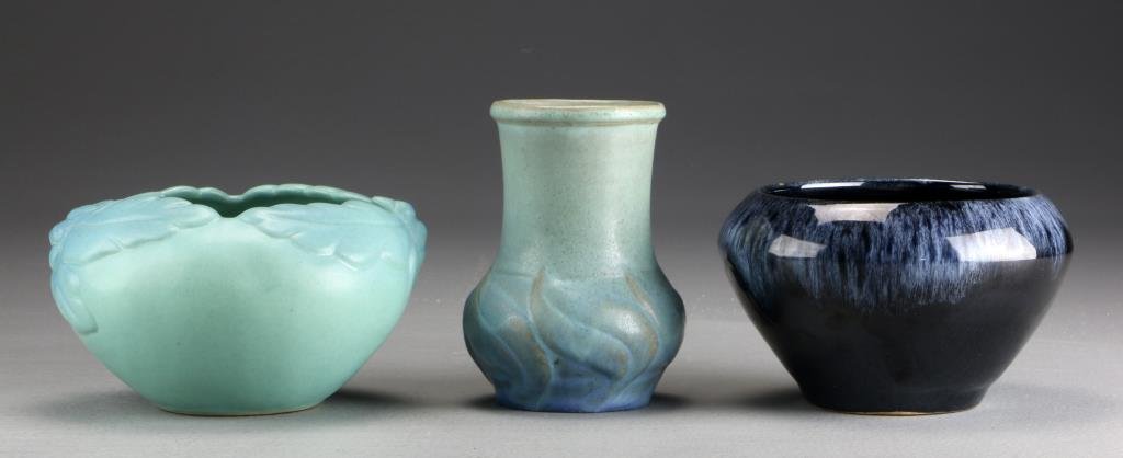 (3) Pcs Van Briggle Pottery: To include a bowl with acorn accents marked for Van Briggle, a vase with worn mark possibly the Van Briggle potter's mark and dated 1916, together with a glazed bowl signed "Anna Van Briggle original"