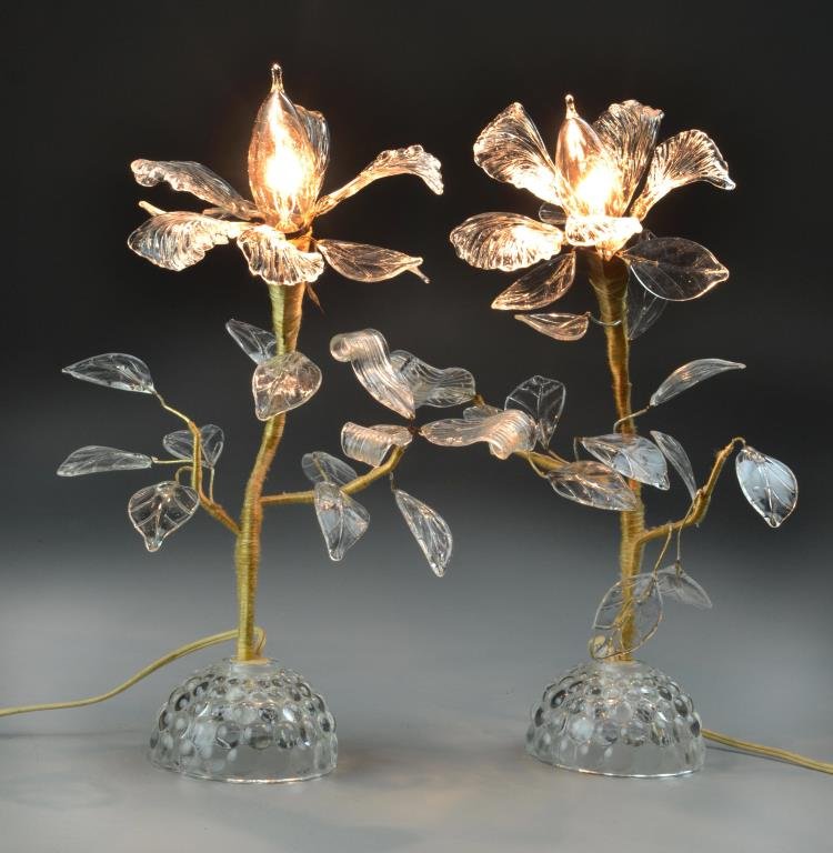 Pr. Venetian Glass & Metal Mounted Lamps: Of flower form with leaf sprays and molded bases, measure approximately 14"H, circa 20th century. We do not guarantee the working order of lamps at time of sale.