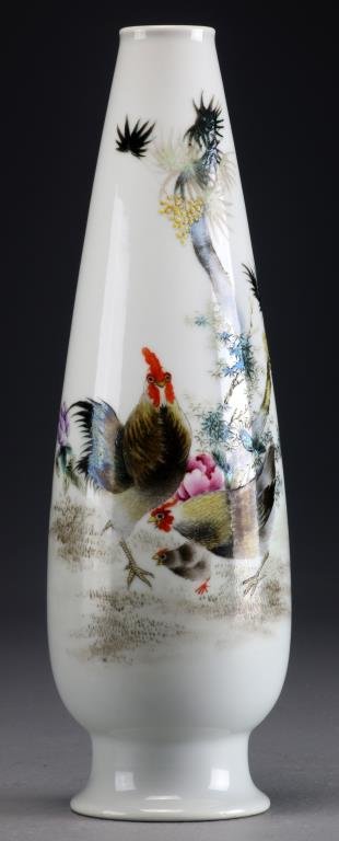 Chinese Famille Rose Porcelain Vase: A tapered vase finely painted to depict a family of chickens beneath an ancient tree, the revers with several lines of calligraphy and red seals, base having character marks within a square in iron re