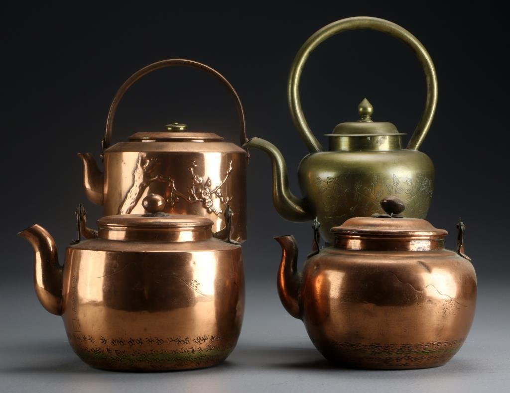 (4) Asian Brass Teapots: To include three brass examples having landscape and branch decoration, tallest is 7.75"H. Property of a Lapeer, MI couple.