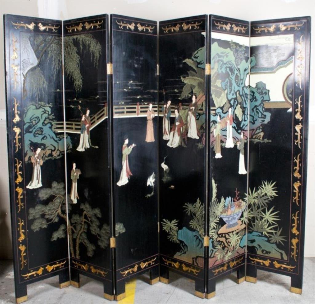 Chinese Polychromed Carved Lacquered Screen: Depicting ladies in the garden. 20th C. 72"H x 16"W. Property of a private local collector.