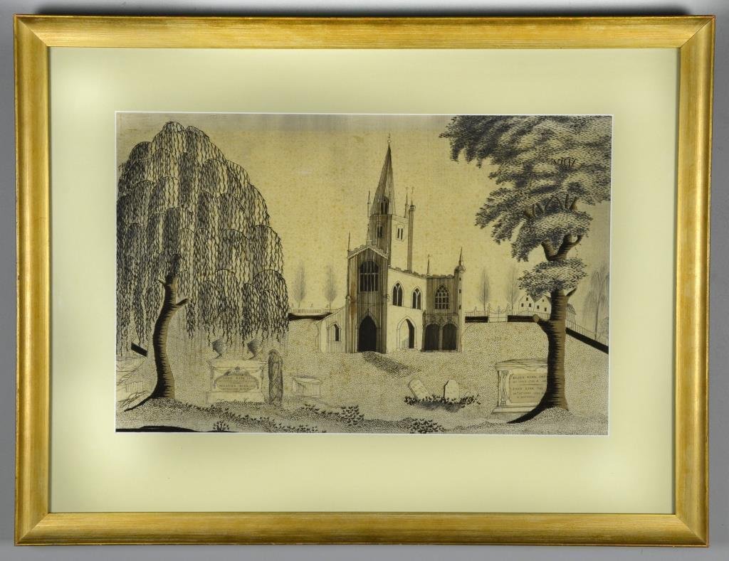 American Embroidered Mourning Sampler c 1800: Embroidered on fabric possibly silk depicting a churchyard with a mourning female, headstones, urns, weeping willow and church in the distance, originating in the Albany, New York area c 1800, inscrib