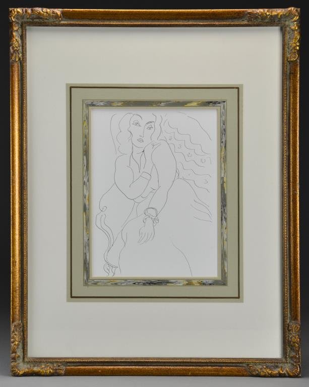 An Henri Matisse Lithograph: Lithograph of a figural line drawing by renowned French artist Henri Matisse (1869 - 1954), printed and nicely framed by Soicher-Marin Fine Art of Culver City, California, apparently unsigned, measure