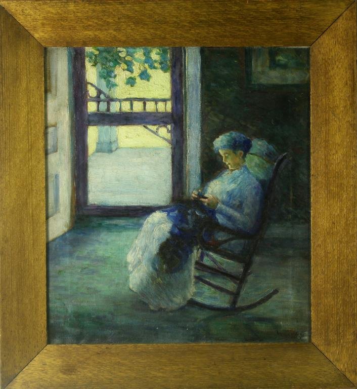 Newcombe Oil Painting on Canvas: Depicting a seated woman in rocking chair, signed and dated lower right "Newcombe 1913", measures 19.25"H x 17.25"W sight, 25"H x 23"W framed. With original paper label en verso "Geisler Bros. Art Dea