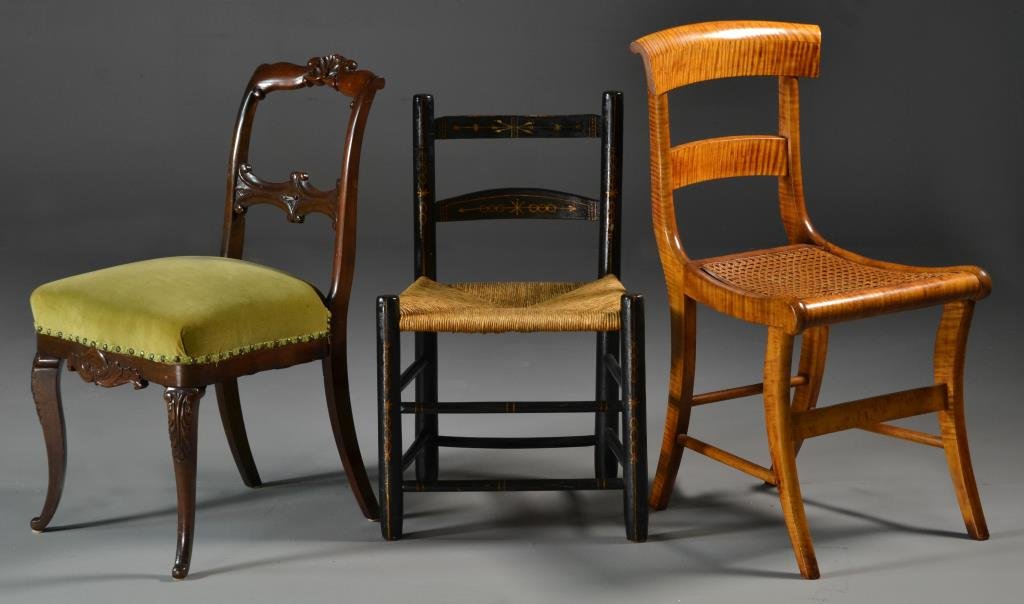 (3) Various Antique Side Chairs Inc. Tiger Maple: To include a carved walnut upholstered side chair, a caned tiger maple side chair and a black and gilt painted chair with rush seat, largest measures 34.25"H, circa late 19th-early 20th century. Condi