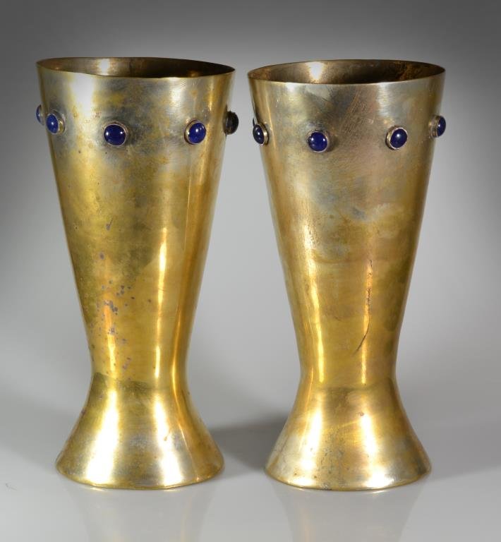 Pr. Bejeweled Silver Plate Vases: Of simple chalice form with blue jewels to rim, one retaining sticker "Made in India", measure 11"H, circa 20th century.