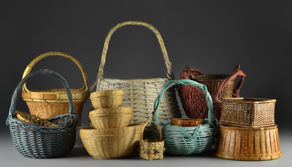 Collection of 15 Vintage Baskets: To include buttocks, nesting, and various other styles, some having original paint, largest measures 28"H, circa 20th century.