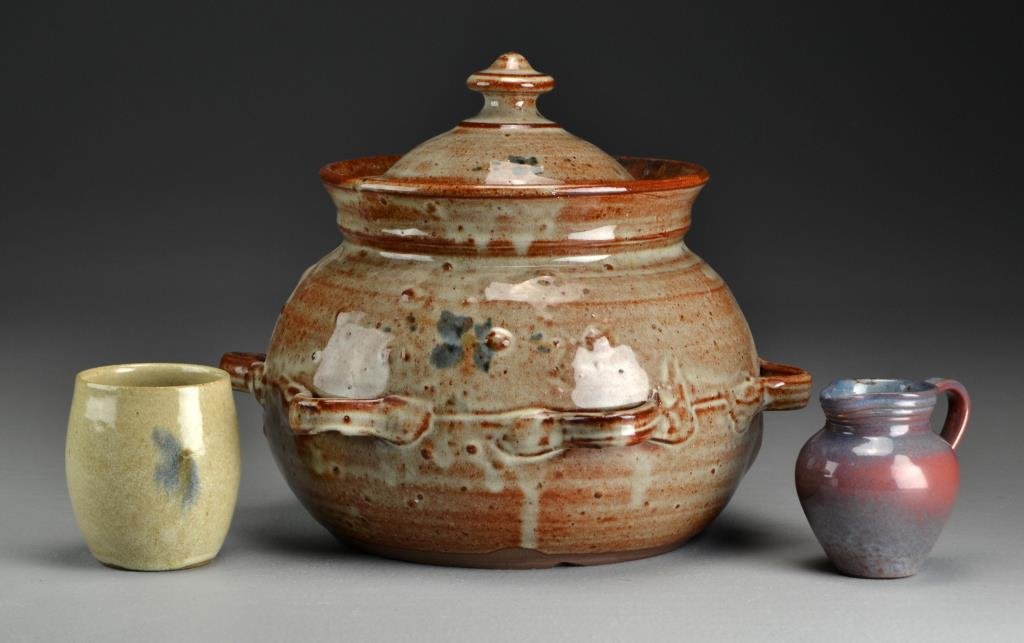 (3) Pcs Pottery of American South, Inc. M. L. Owen: To include a covered vessel marked for M. L. Owen Stoneware, together with a Jamestown Colony Pottery creamer circa 1930s and piece of Jugtown Pottery dated 1977, largest measures 9"H.