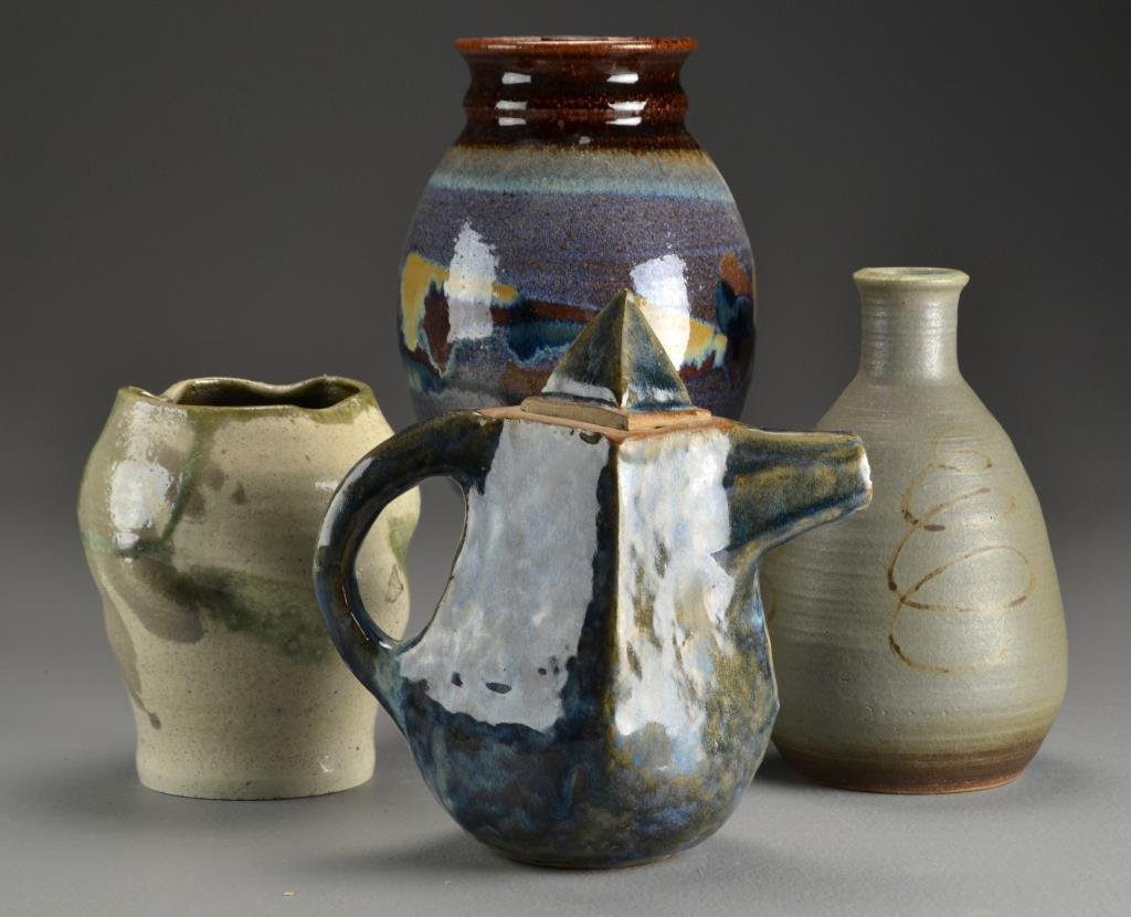 (4) Pcs American Art Pottery: To include an organic formed vase signed "Steichen", a vase signed "Randy", a teapot signed illegibly, and a lidded vessel signed "Ritter", largest measures 8.25"H, circa 20th century.