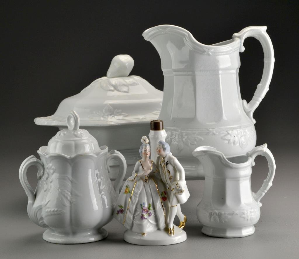 (5) Pc Porcelain Inc. J & G Meakin: Comprised of a pitcher, creamer, covered sugar bowl, covered serving dish and a small figural group (possibly a lamp base), marks include Ironstone Wedgwood and J&G Meakin, largest measures 11.5"W, ci