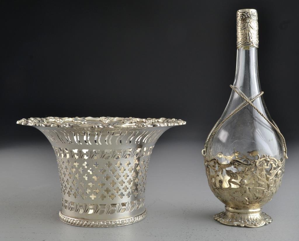 (2) Pcs English Silver Plate Table Articles: To include a basket with repoussé border to rim depicting a grapevine, having pierced details to body and underside hallmarked for Charles Howard Collins, together with a cut glass and silver plated