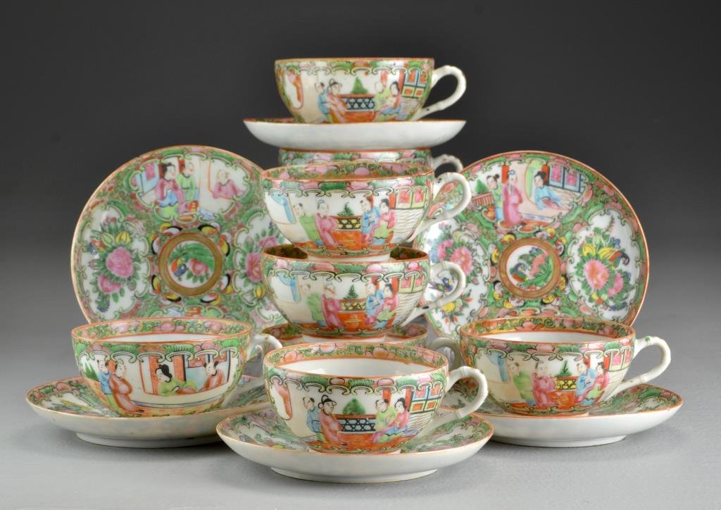 (8) Chinese Rose Medallion Cups & Saucers: All painted to depict figures and flowers, cups measures approximately 2"H X 3.75"D, circa 20th century. Property of a private Michigan collector who collected these pieces in the 1980's. Some of his 