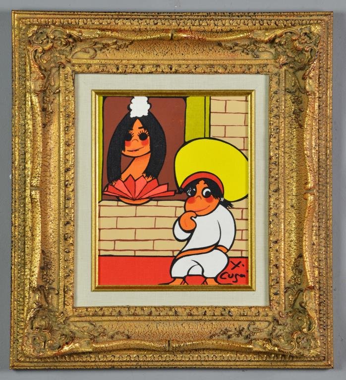 Xavier Cugat Acrylic Painting on Canvas: Depicting a man with woman at window, signed lower right, Xavier Cugat (1900 - 1990) was a Spanish-American artist known for his caricatures, measures approximately 10"H x 8"W sight, 17.5"H x 15.5"W f