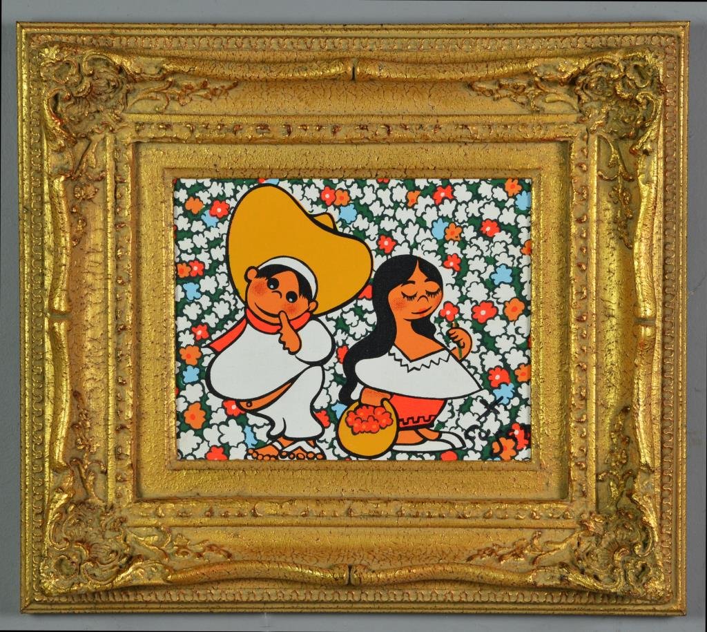 Xavier Cugat Acrylic Painting on Canvas: Depicting a man and woman in a field of flowers, signed lower right, Xavier Cugat (1900 - 1990) was a Spanish-American artist known for his caricatures, measures approximately 8"H x 10"H sight, 15.5"H