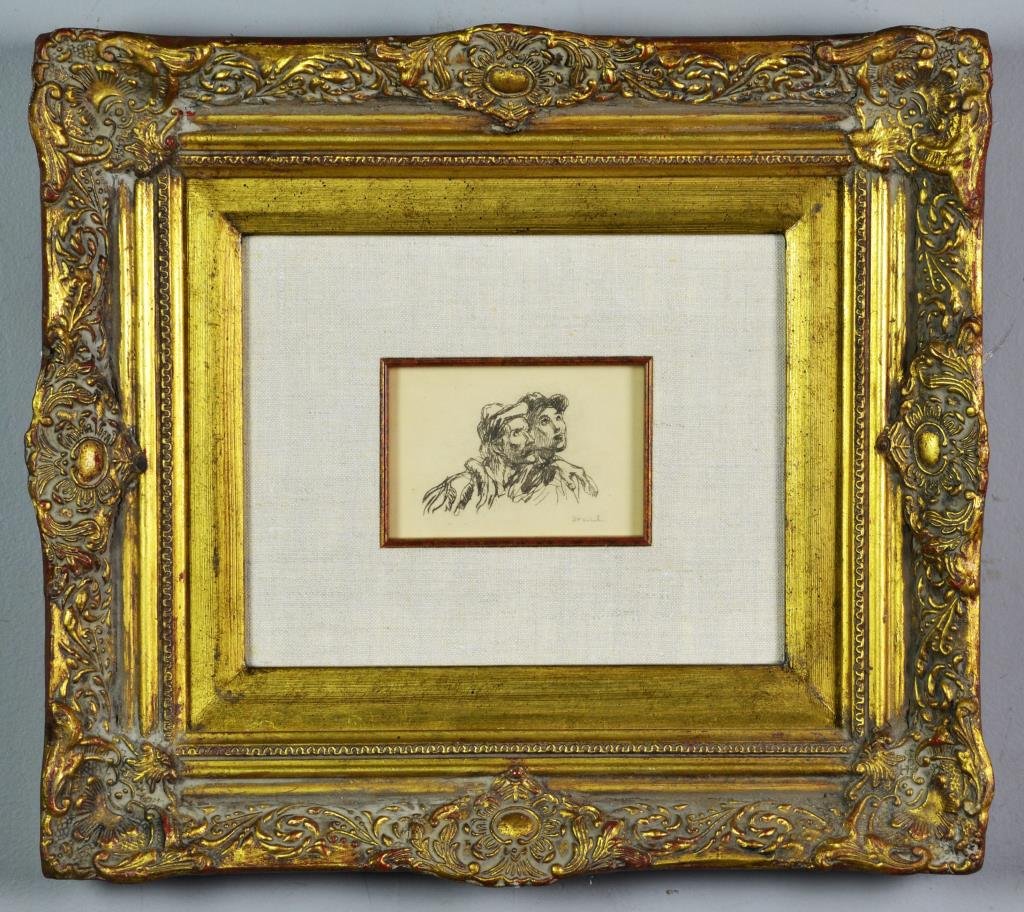 Theophile Alexandre Steinlen Etching: Depicting the bust of two figures, pencil signed lower right, Theophile Alexandre Steinlen (1859 - 1923) was a Swiss/French artist known for his genre figure paintings, prints and illustrations, nicel