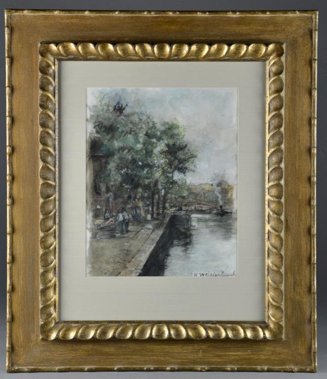 Johan Weissenbruch Watercolor Painting on Paper: Depicting figures at water's edge in a market scene, signed lower right "J. H. Weissenbruch", Johan Hendrik Weissenbruch (1824 - 1903) was a Dutch artist known for his Hague school plein air landscape