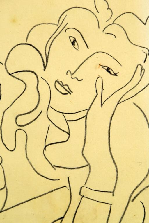 Attr. Henri Matisse Drawing on Paper: Depicting a female figure done in conte crayon, signed and dated 1930 to lower right, attributed to renowned French artist Henri Matisse (1869 - 1954), mounted in giltwood and ebony frame, measures 9"